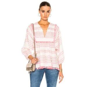 Zimmermann Size 1  Valour Stripe Blouse $480 Pink Pom Pom Tassel